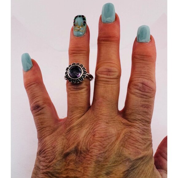 Estate Sterling Silver 925 Amethyst Floral Ring Size 6.5 Vintage Boho Jewelry - Picture 5 of 9